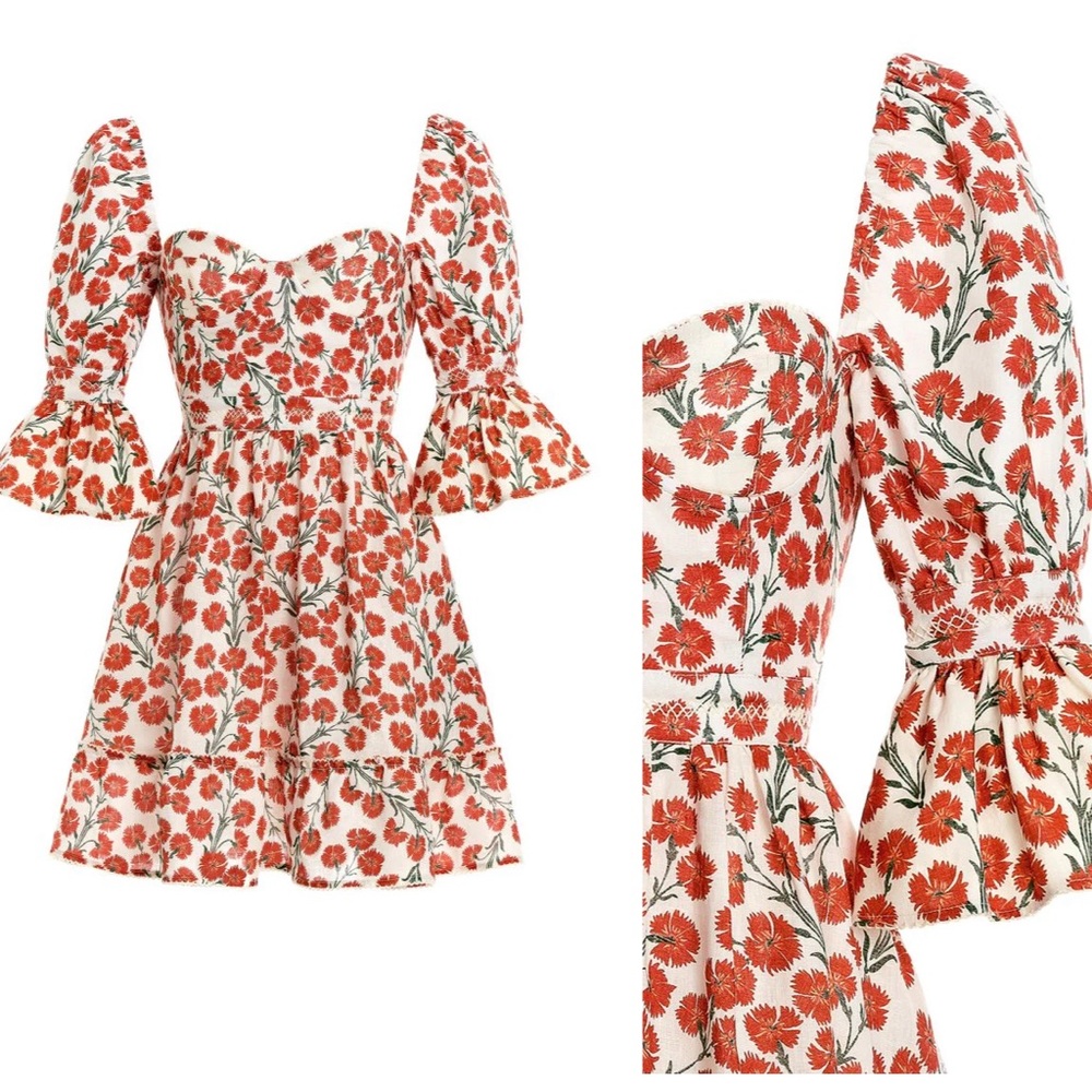 Agua Bendita - Cedro Sweetheart-Neck Bermelo-Print Linen Mini Dress - S